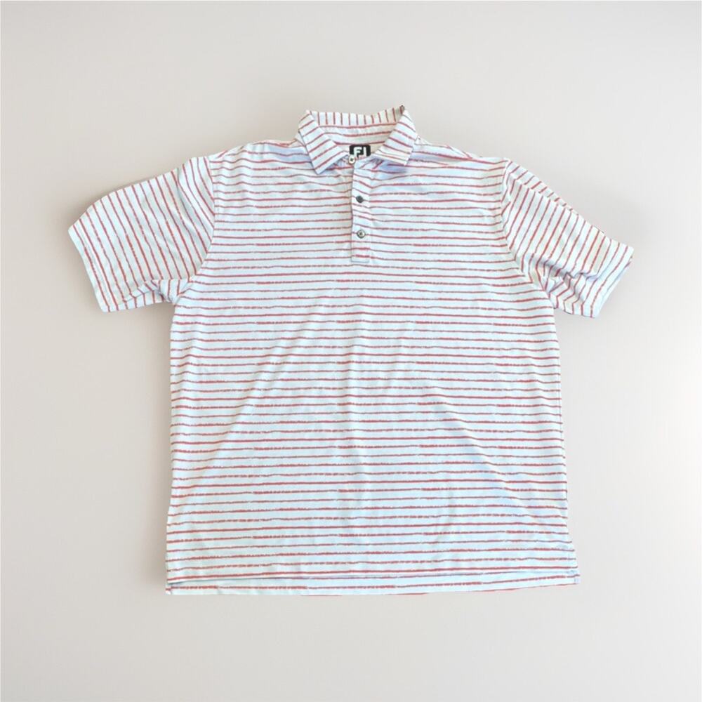 FJ Men's XL White Salmon Striped Golf Polo Shirt Polyester Spandex Easter